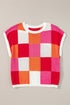 Checkered Pattern Cap Sleeve Crew Neck Knit Top