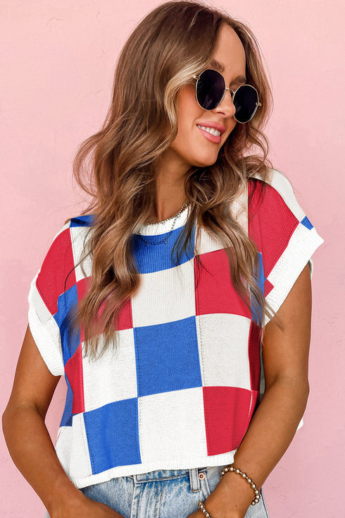 Checkered Pattern Cap Sleeve Crew Neck Knit Top