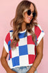 Checkered Pattern Cap Sleeve Crew Neck Knit Top
