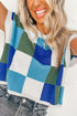 Checkered Pattern Cap Sleeve Crew Neck Knit Top