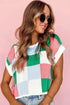 Checkered Pattern Cap Sleeve Crew Neck Knit Top