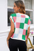 Checkered Pattern Cap Sleeve Crew Neck Knit Top