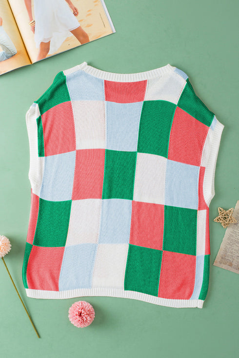 Checkered Pattern Cap Sleeve Crew Neck Knit Top