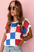 Checkered Pattern Cap Sleeve Crew Neck Knit Top