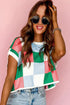 Checkered Pattern Cap Sleeve Crew Neck Knit Top