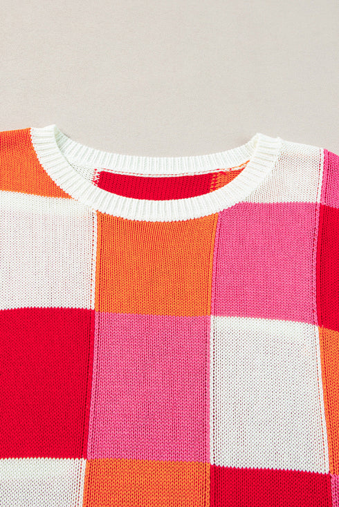 Checkered Pattern Cap Sleeve Crew Neck Knit Top