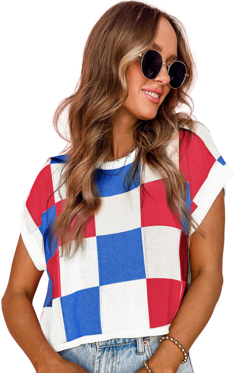 Checkered Pattern Cap Sleeve Crew Neck Knit Top
