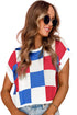 Checkered Pattern Cap Sleeve Crew Neck Knit Top