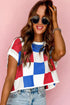 Checkered Pattern Cap Sleeve Crew Neck Knit Top