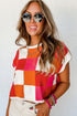 Checkered Pattern Cap Sleeve Crew Neck Knit Top