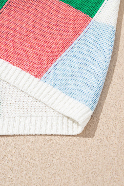 Checkered Pattern Cap Sleeve Crew Neck Knit Top