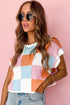 Checkered Pattern Cap Sleeve Crew Neck Knit Top