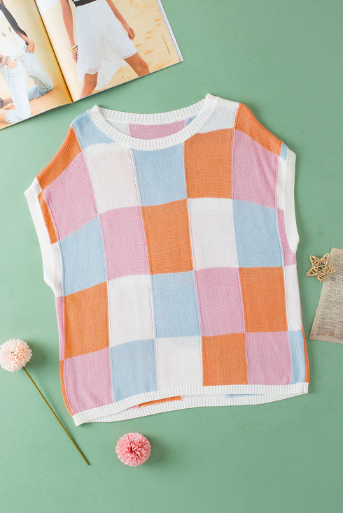 Checkered Pattern Cap Sleeve Crew Neck Knit Top