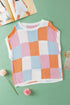 Checkered Pattern Cap Sleeve Crew Neck Knit Top