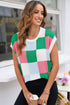 Checkered Pattern Cap Sleeve Crew Neck Knit Top