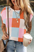 Checkered Pattern Cap Sleeve Crew Neck Knit Top