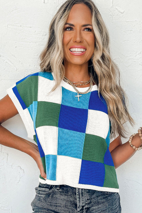 Checkered Pattern Cap Sleeve Crew Neck Knit Top
