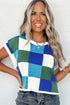 Checkered Pattern Cap Sleeve Crew Neck Knit Top