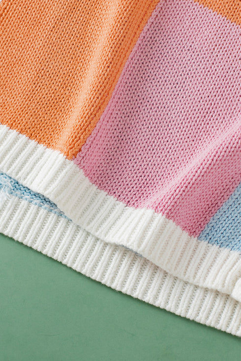 Checkered Pattern Cap Sleeve Crew Neck Knit Top