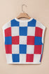 Checkered Pattern Cap Sleeve Crew Neck Knit Top