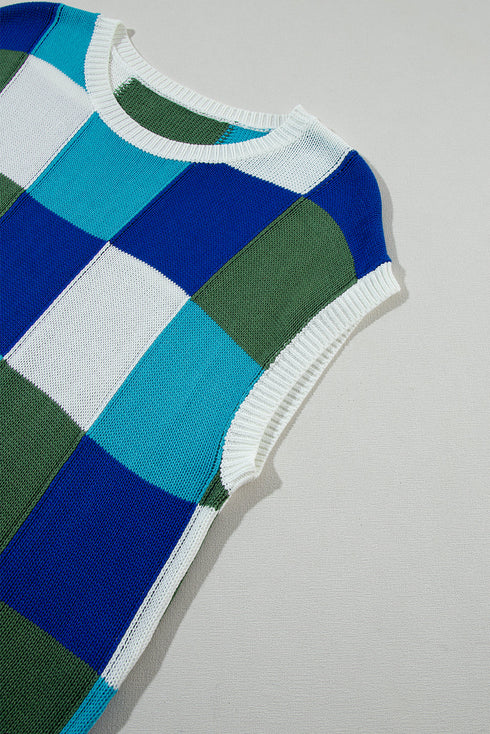 Checkered Pattern Cap Sleeve Crew Neck Knit Top