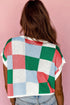 Checkered Pattern Cap Sleeve Crew Neck Knit Top