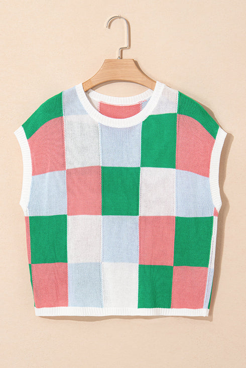 Checkered Pattern Cap Sleeve Crew Neck Knit Top