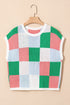 Checkered Pattern Cap Sleeve Crew Neck Knit Top