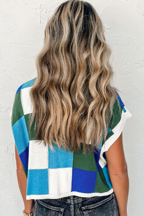 Checkered Pattern Cap Sleeve Crew Neck Knit Top