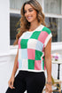Checkered Pattern Cap Sleeve Crew Neck Knit Top
