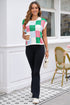 Checkered Pattern Cap Sleeve Crew Neck Knit Top