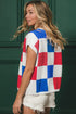 Checkered Pattern Cap Sleeve Crew Neck Knit Top