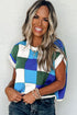 Checkered Pattern Cap Sleeve Crew Neck Knit Top