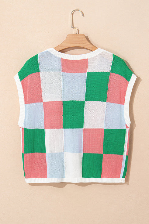 Checkered Pattern Cap Sleeve Crew Neck Knit Top