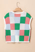 Checkered Pattern Cap Sleeve Crew Neck Knit Top
