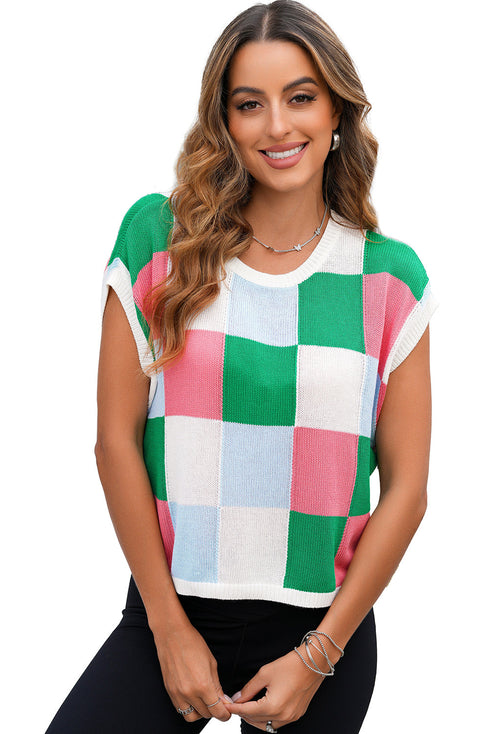 Checkered Pattern Cap Sleeve Crew Neck Knit Top