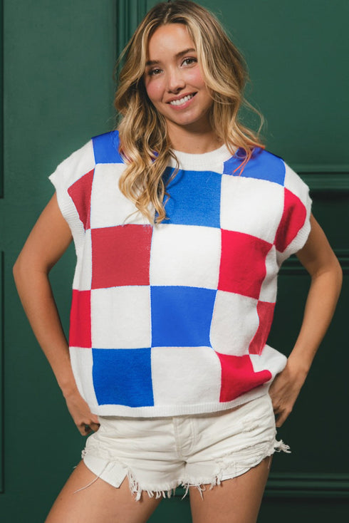 Checkered Pattern Cap Sleeve Crew Neck Knit Top