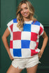Checkered Pattern Cap Sleeve Crew Neck Knit Top