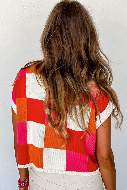 Checkered Pattern Cap Sleeve Crew Neck Knit Top