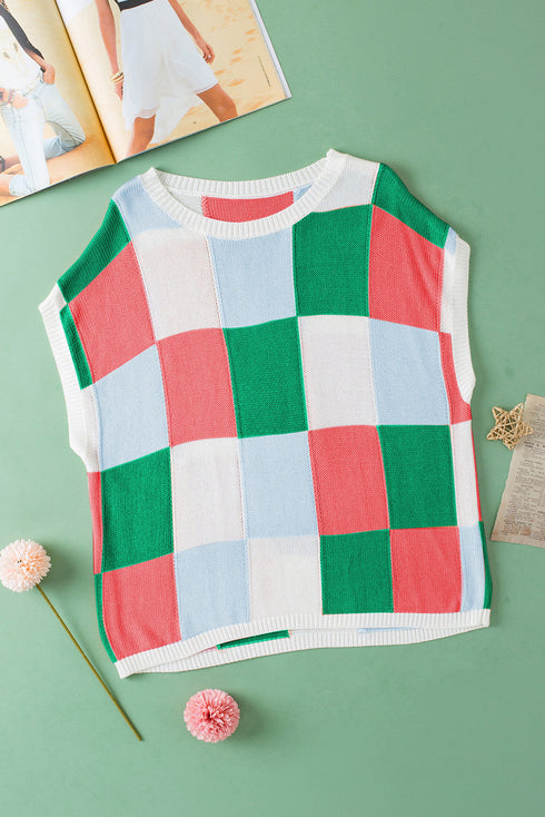 Checkered Pattern Cap Sleeve Crew Neck Knit Top