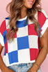 Checkered Pattern Cap Sleeve Crew Neck Knit Top