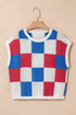 Checkered Pattern Cap Sleeve Crew Neck Knit Top