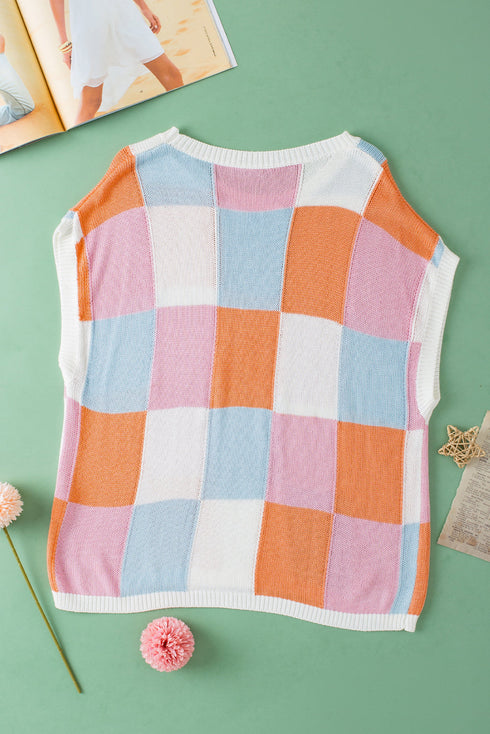 Checkered Pattern Cap Sleeve Crew Neck Knit Top