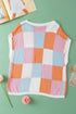 Checkered Pattern Cap Sleeve Crew Neck Knit Top