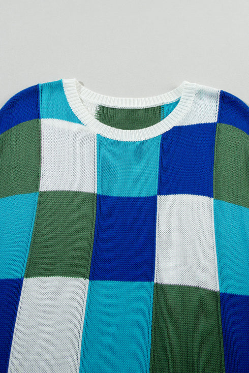 Checkered Pattern Cap Sleeve Crew Neck Knit Top