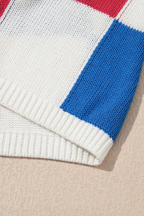 Checkered Pattern Cap Sleeve Crew Neck Knit Top