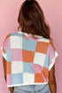 Checkered Pattern Cap Sleeve Crew Neck Knit Top