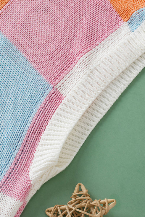Checkered Pattern Cap Sleeve Crew Neck Knit Top