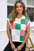 Checkered Pattern Cap Sleeve Crew Neck Knit Top