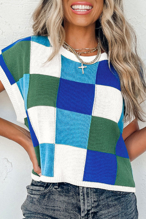 Checkered Pattern Cap Sleeve Crew Neck Knit Top